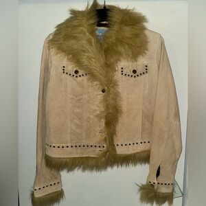 Elegant Beige Faux Fur Women's Leather Jacket